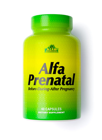 A green and yellow bottle labeled Alfa Prenatal - Before & After Pregnancy from Alfa Vitamins, emphasizes maternal health and fetal development. It contains 60 capsules and serves as a prenatal dietary supplement.