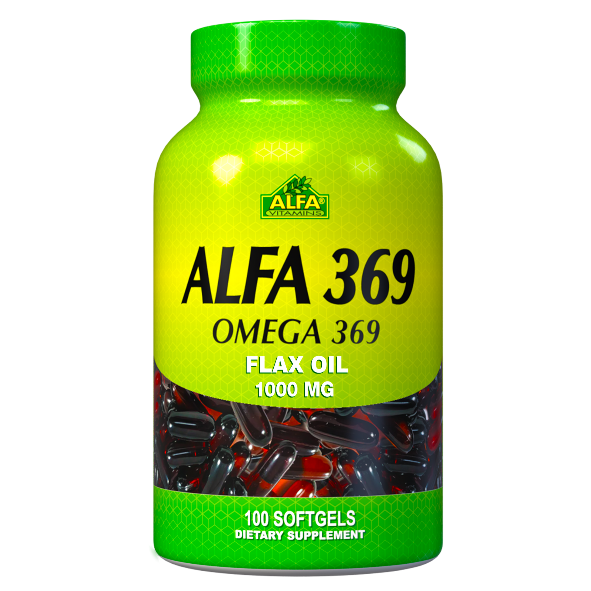 A green Alfa Vitamins Store container labeled Alfa 369 - Omega 369 - Flax Oil 1000 mg displays softgel capsules through a transparent section. This dietary supplement bottle contains 60 softgels with essential fatty acids benefits.