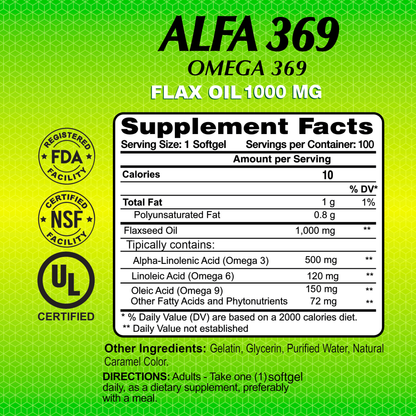 A green and yellow label for Alfa Vitamins Stores Alfa 369 Omega 369 Flax Oil 1000 mg displays supplement facts: 1000 mg flaxseed oil, 500 mg alpha-linolenic acid, plus other fatty acids. It features FDA, NSF, and UL logos, assuring quality compliance.