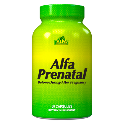 The green bottle of Alfa Vitamins product, Alfa Prenatal - Before & After Pregnancy, contains 60 capsules and is crafted to support maternal health throughout all stages of pregnancy.