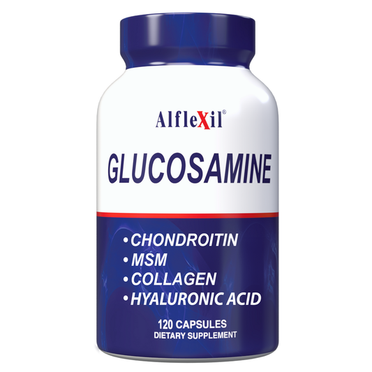 Alflexil® by Alfa Vitamins is a dietary supplement for joint support, featuring glucosamine, chondroitin, MSM, collagen, and hyaluronic acid in a bottle containing 120 capsules.