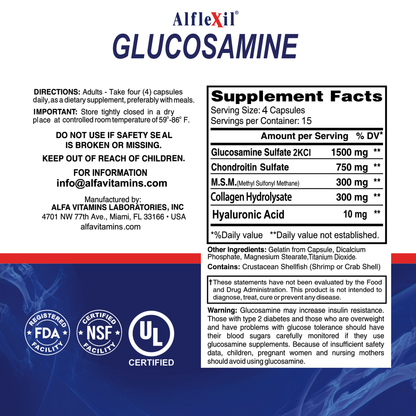 Label of Alflexil® by Alfa Vitamins Store, a joint support supplement. Directions and contact info included. Ingredients: Glucosamine Sulfate, Chondroitin Sulfate, MSM, Collagen Hydrolysate, Hyaluronic Acid. Carries NSF, FDA, and UL logos for quality assurance.