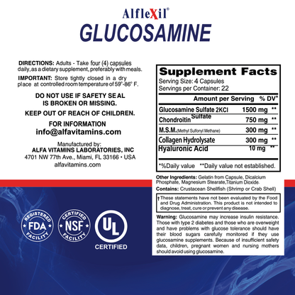 Label for Alflexil® - Glucosamine Chondroitin MSM Collagen (90 capsules) by Alfa Vitamins Store featuring dosage instructions, storage tips, manufacturer contact info, supplement facts with ingredients and amounts per serving, and certification symbols at the bottom.