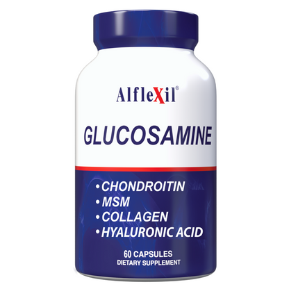 The Alfa Vitamins Store offers Alflexil®, a white and blue bottle with a red and blue design, providing joint support. It contains Glucosamine, Chondroitin, MSM, Collagen, and Hyaluronic Acid. The dietary supplement comes with 60 capsules for comprehensive joint health.