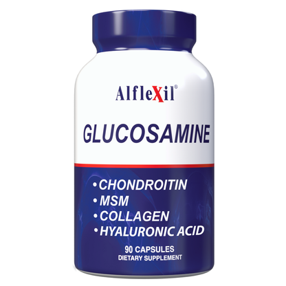 A bottle of Alflexil® Glucosamine from Alfa Vitamins Store, with chondroitin, MSM, collagen, and hyaluronic acid for joint support. The label says 90 capsules, dietary supplement, designed in blue and white with red accents.