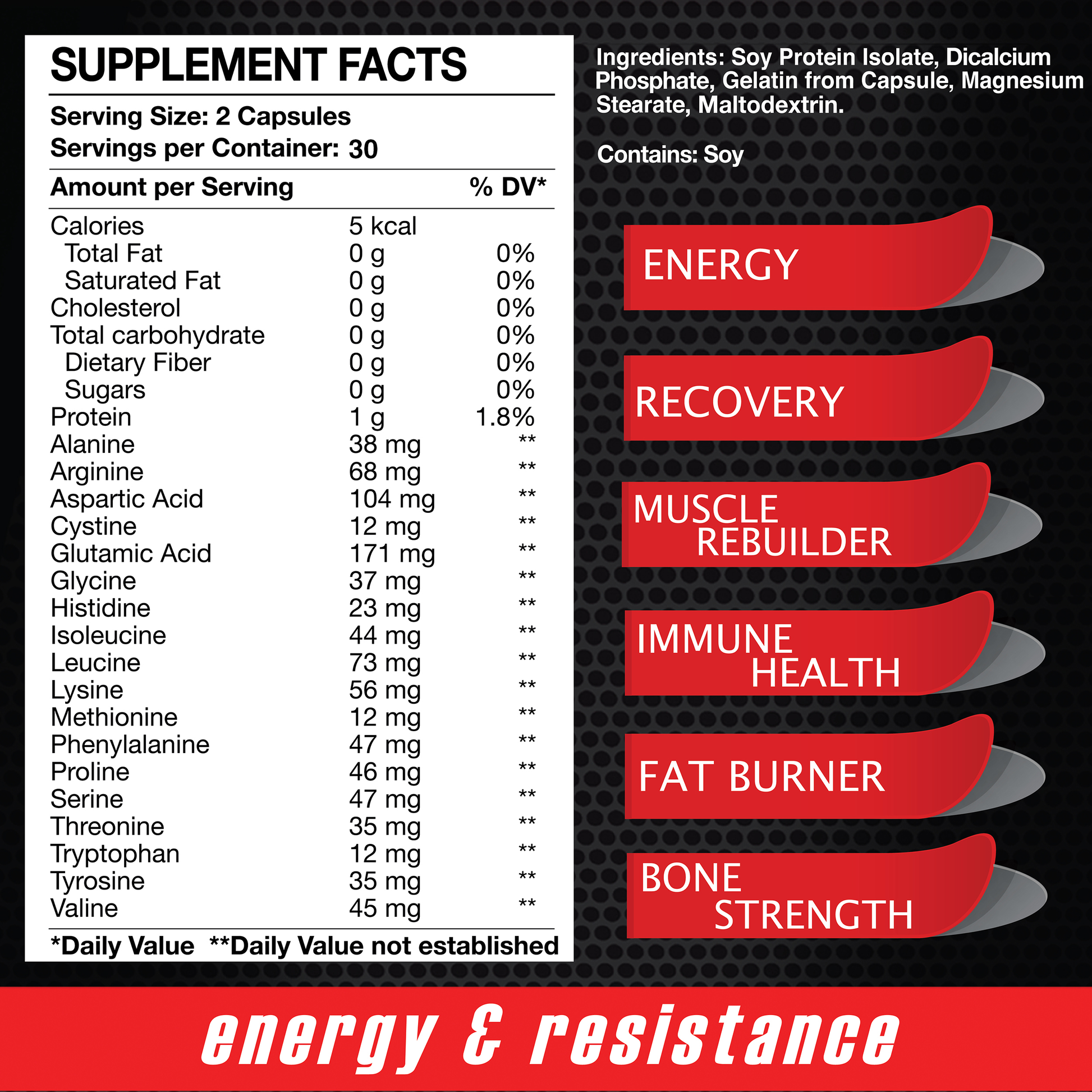Supplement facts label for Maximum Amino by Alfa Vitamins (60 capsules) shows per serving values, essential amino acids, and benefits: energy boost, faster recovery, muscle rebuilding, immune support, fat burning, and bone strength on red banners.