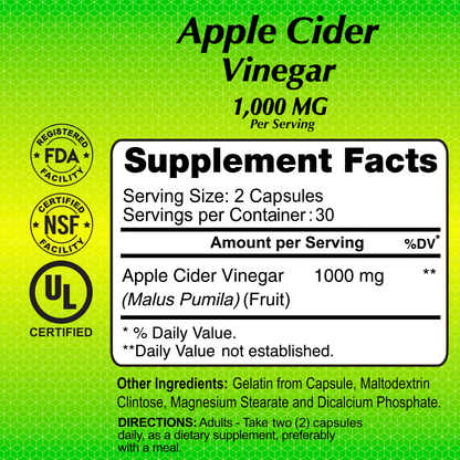 The vibrant green label on Alfa Vitamins Apple Cider Vinegar 1000 mg, with 60 capsules, aligns with your health goals. It features supplement facts, FDA and NSF certifications, and usage directions while showcasing apple cider vinegar from Malus pumila as a prime dietary supplement choice.