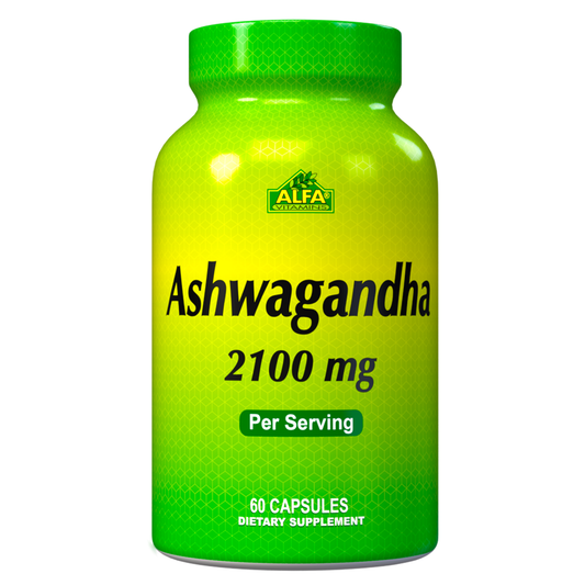 A green bottle labeled Ashwagandha 2,100 mg - 60 Capsules from Alfa Vitamins includes Black Pepper for enhanced absorption and serves as a dietary supplement for stress relief.