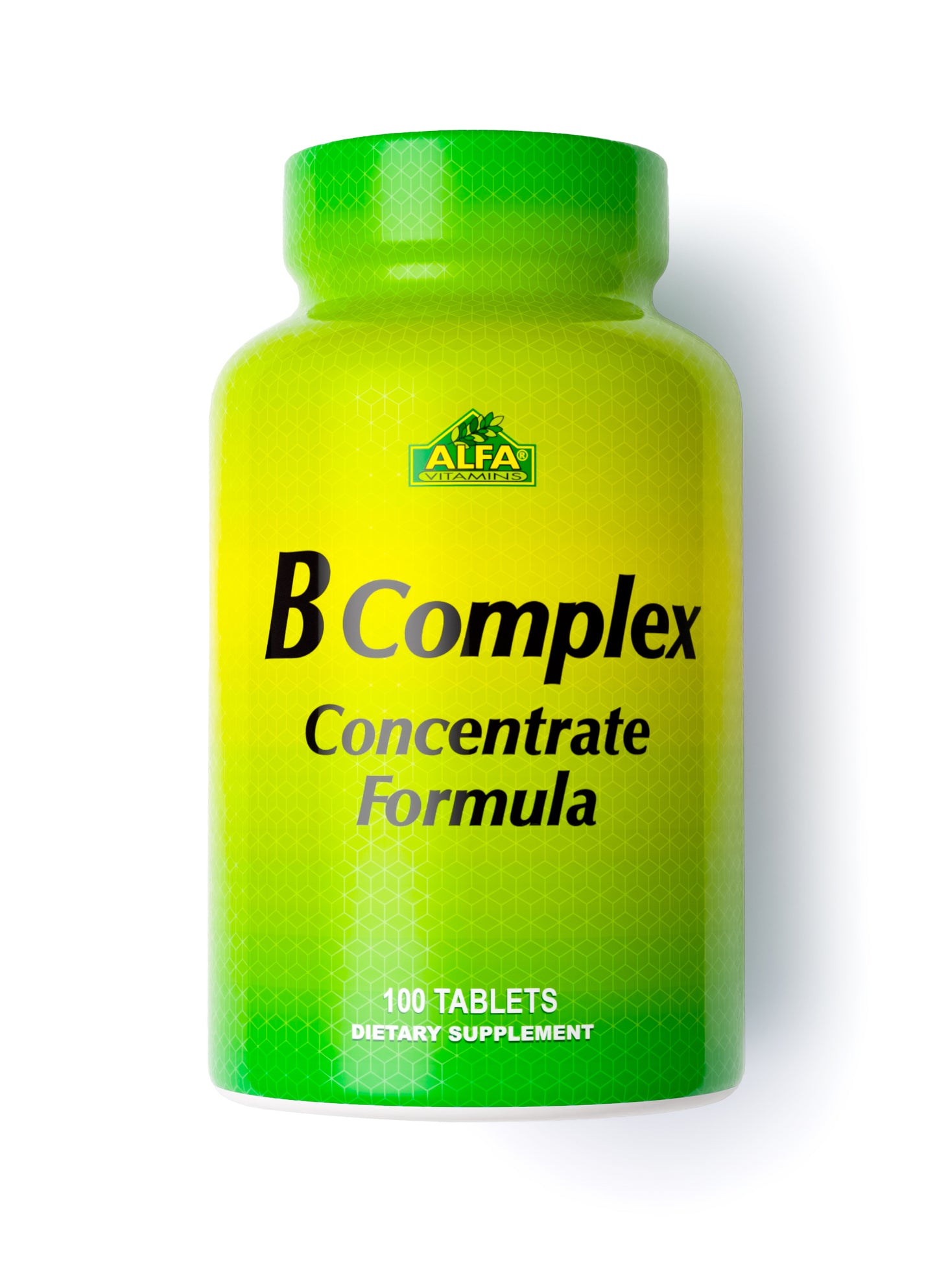 A green and yellow bottle of Alfa Vitamins B-Complex Formula offers 100 tablets in bioavailable forms, featuring the brand logo with Dietary Supplement elegantly inscribed at the bottom.