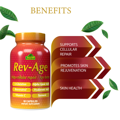 Image of Alfa Vitamins REV-AGE Cellular Repair Formula bottle, featuring ingredients like L-Glutathion, Resveratrol, and Vitamin C. Arrow points highlight benefits: supports cellular repair, promotes skin rejuvenation, and offers antioxidant protection. Green leaves decorate the image.