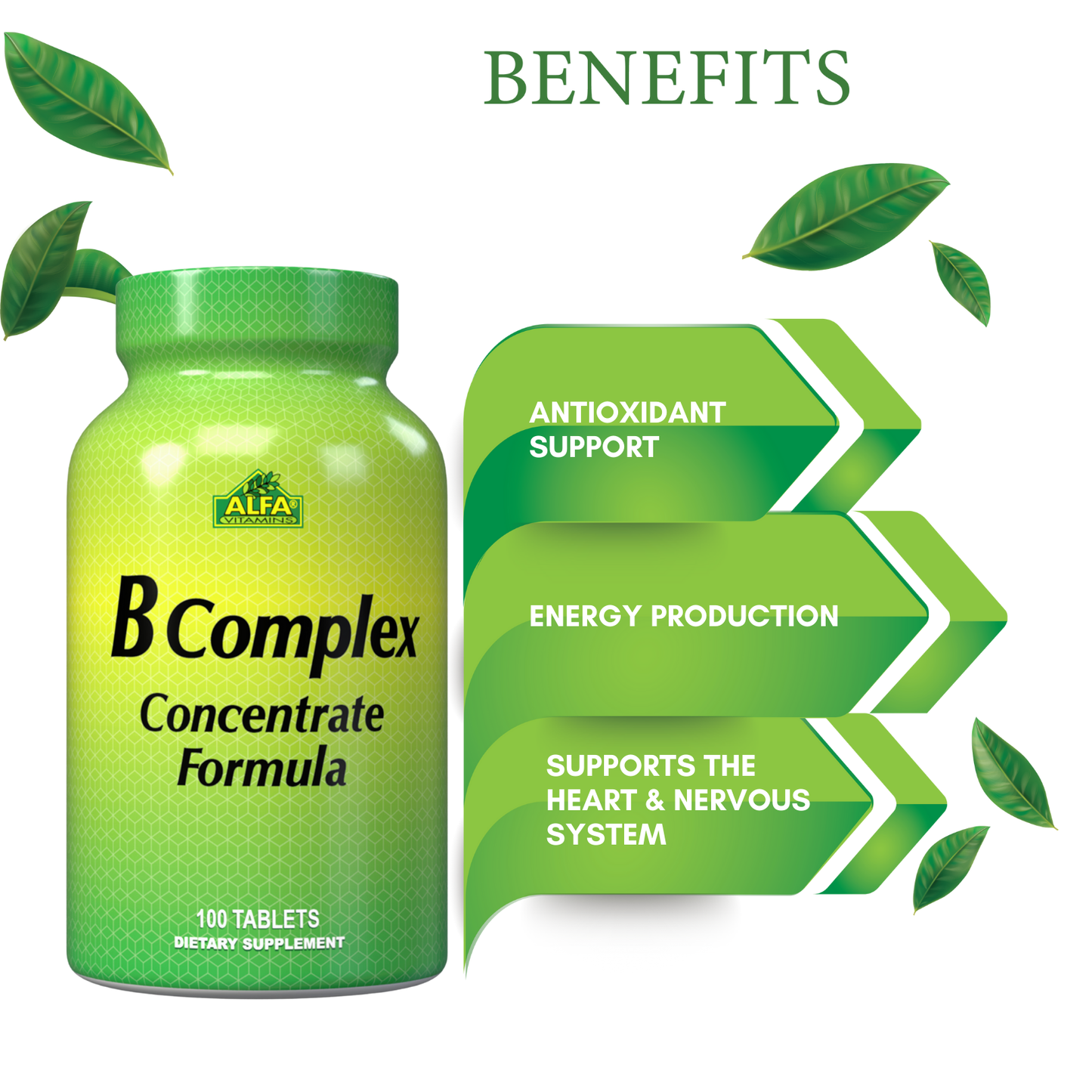 A green bottle of Alfa Vitamins B-Complex Formula dietary supplement (100 tablets) is displayed. Arrows highlight benefits: Antioxidant Support, Energy Production, and Supports the Heart & Nervous System. Green leaves emphasize its essential B vitamins in bioavailable forms.