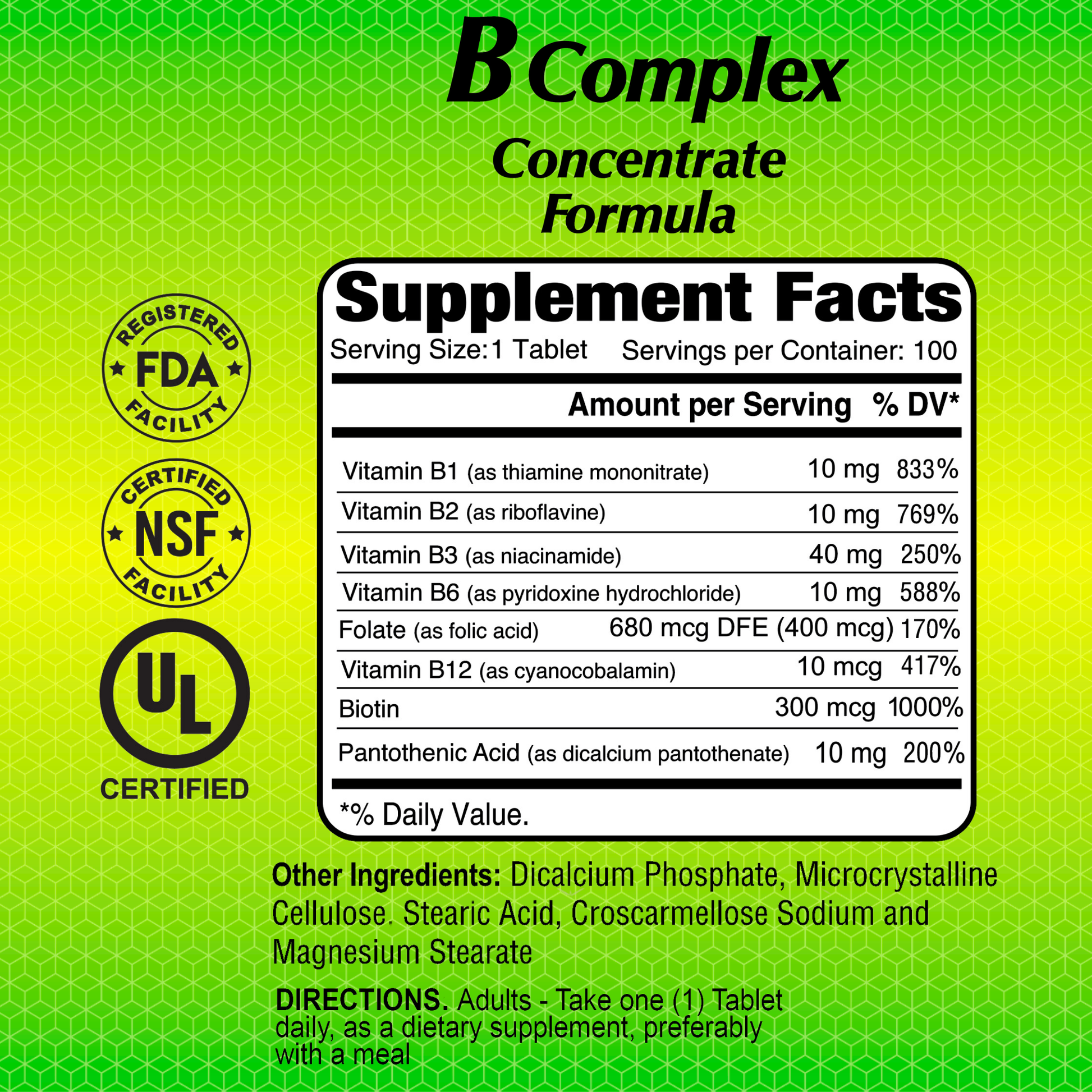 The B-Complex Formula by Alfa Vitamins features a green label displaying supplement facts with essential B vitamins: B1, B2, B6, and bioavailable forms of B12, folate, biotin, and pantothenic acid. It shows FDA, NSF, and UL certifications with clear usage directions.