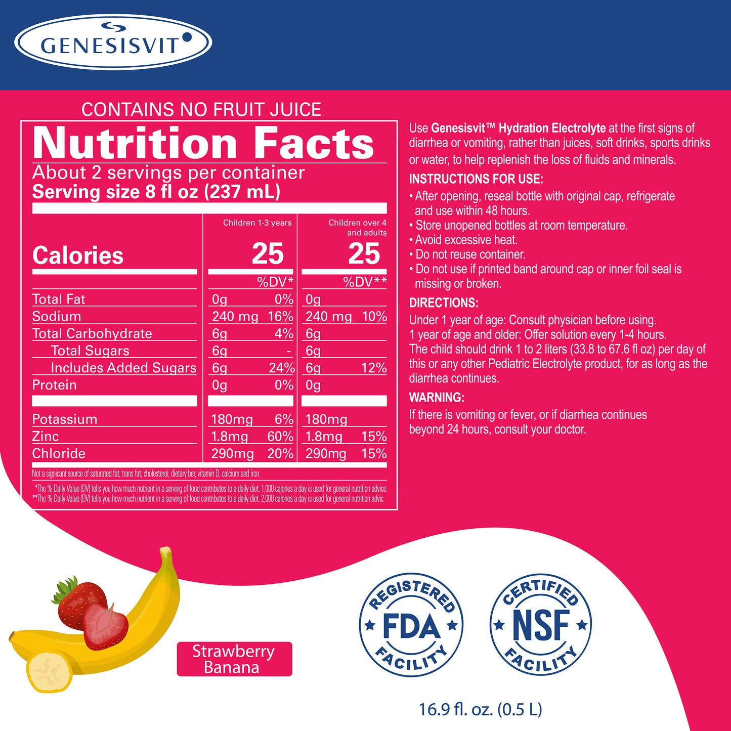 Image of Genesisvit® Electrolyte Solution label by Alfa Vitamins Store, showing nutrition facts, ingredients, instructions, and warnings. The strawberry banana flavor aids rehydration and has FDA/NSF facility icons. Package size: 16.9 fl oz (0.5 L).