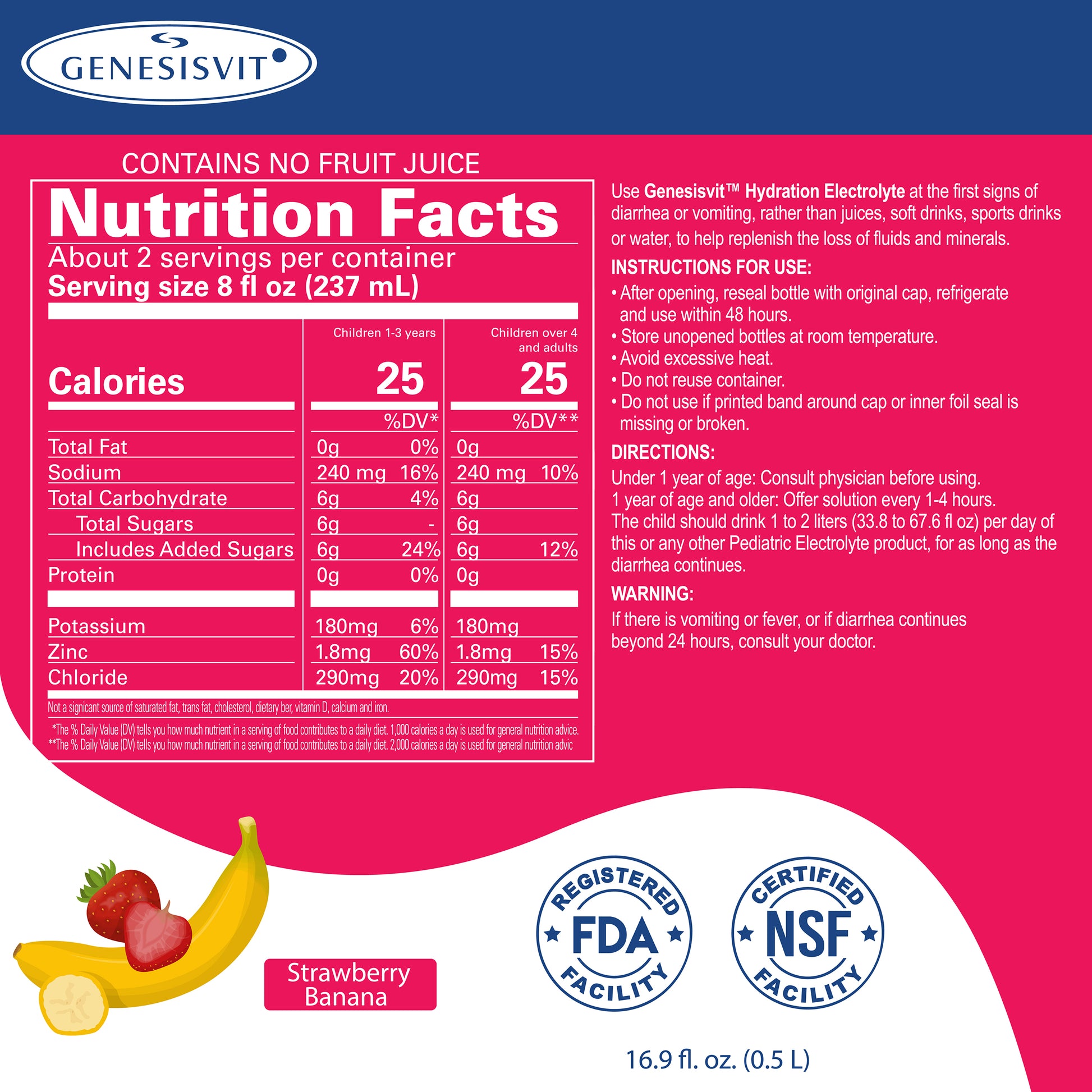 Image of Genesisvit® Electrolyte Solution label by Alfa Vitamins Store, showing nutrition facts, ingredients, instructions, and warnings. The strawberry banana flavor aids rehydration and has FDA/NSF facility icons. Package size: 16.9 fl oz (0.5 L).