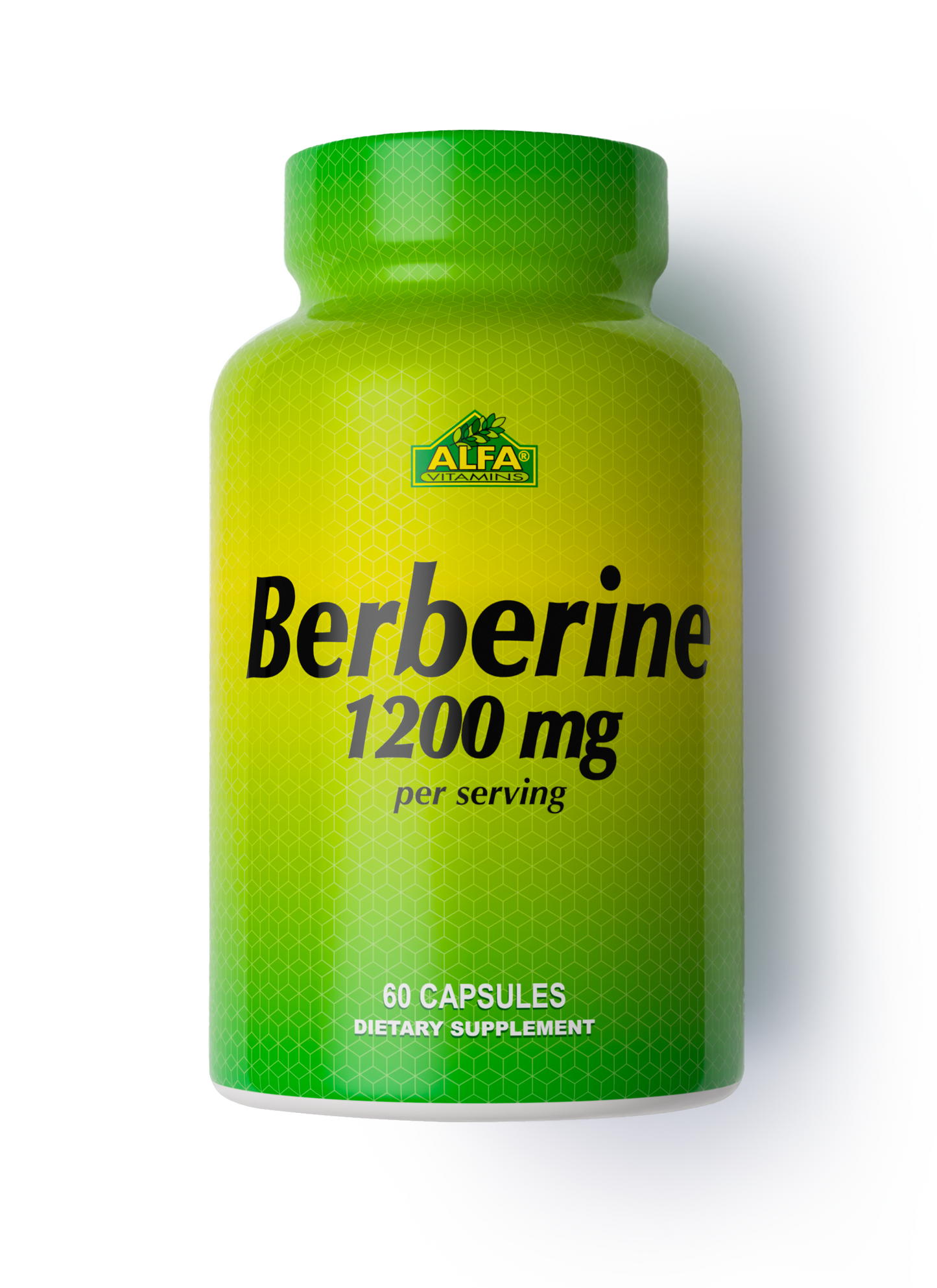 Berberine 1200 mg – 60 Capsules by Alfa Vitamins Store is a dietary supplement for blood sugar support and metabolic health, featuring a green and yellow bottle.