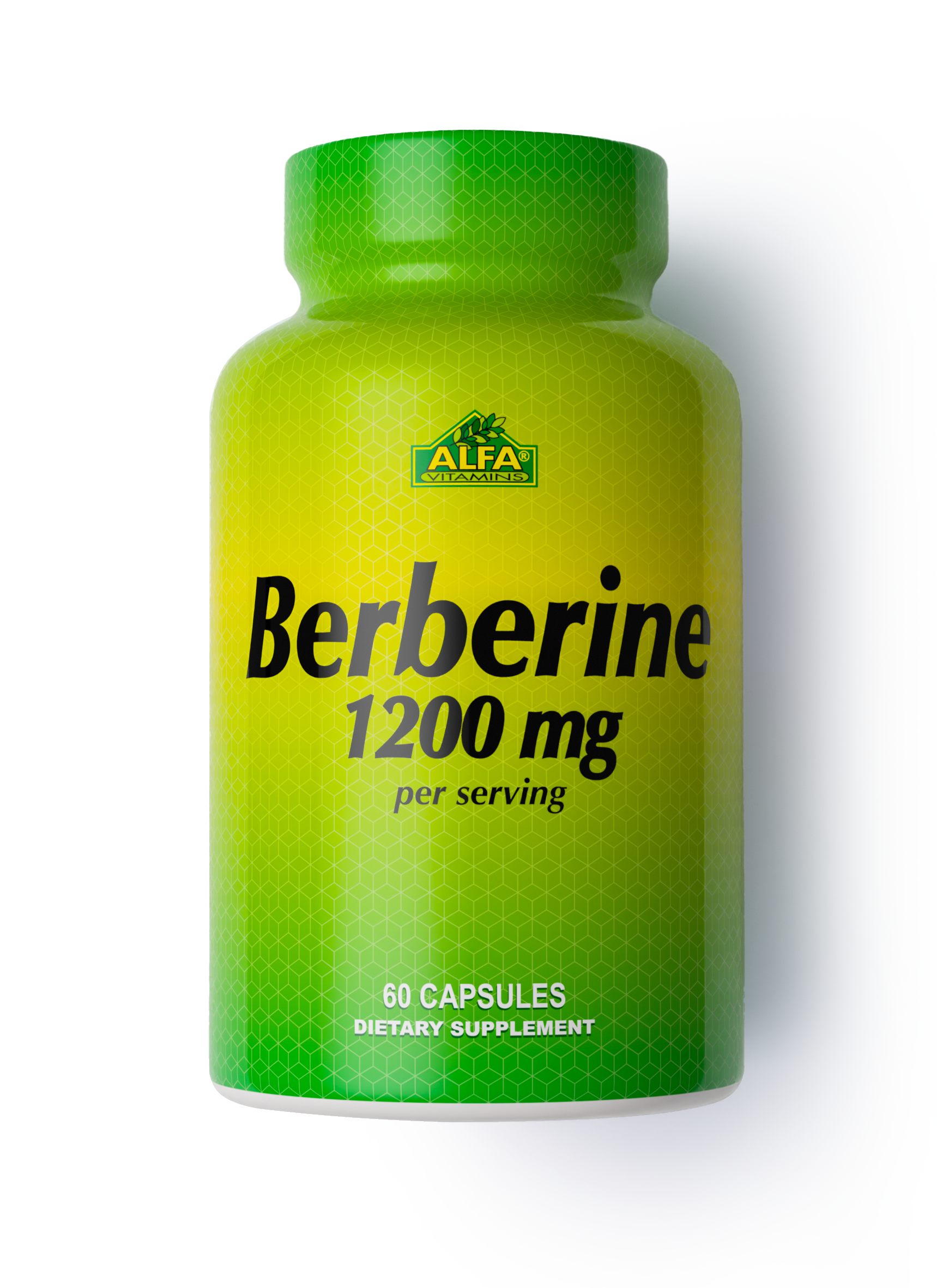 Berberine 1200 mg – 60 Capsules by Alfa Vitamins Store is a dietary supplement for blood sugar support and metabolic health, featuring a green and yellow bottle.
