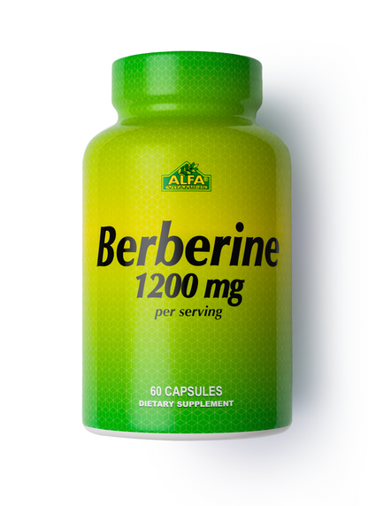 Berberine 1200 mg – 60 Capsules by Alfa Vitamins Store is a dietary supplement for blood sugar support and metabolic health, featuring a green and yellow bottle.