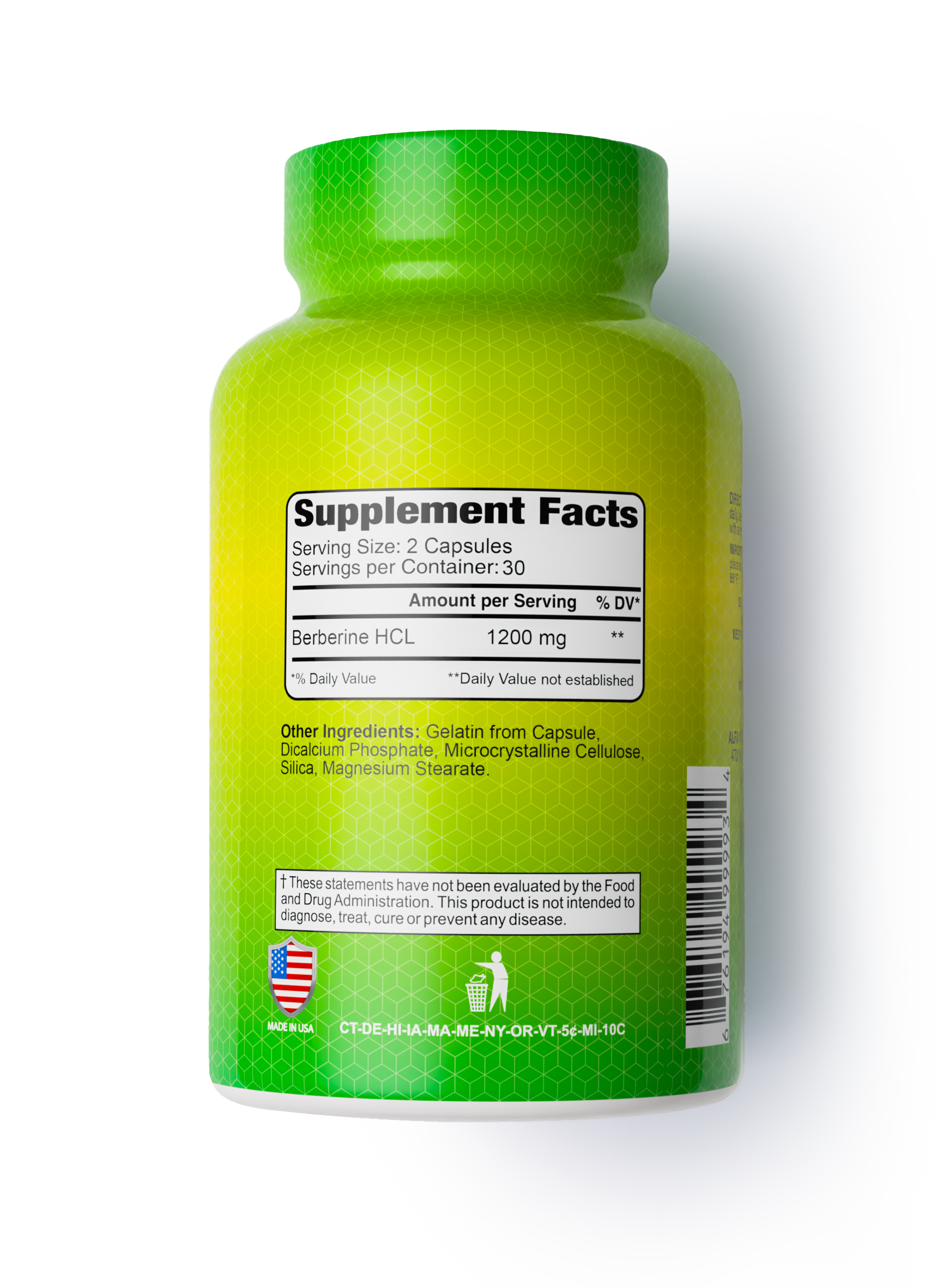 A green bottle of Alfa Vitamins Store Berberine 1200 mg – 60 Capsules shows Supplement Facts and nutrition info per serving, supporting metabolic health. Other ingredients, an FDA disclaimer, flags, and a barcode are also visible.