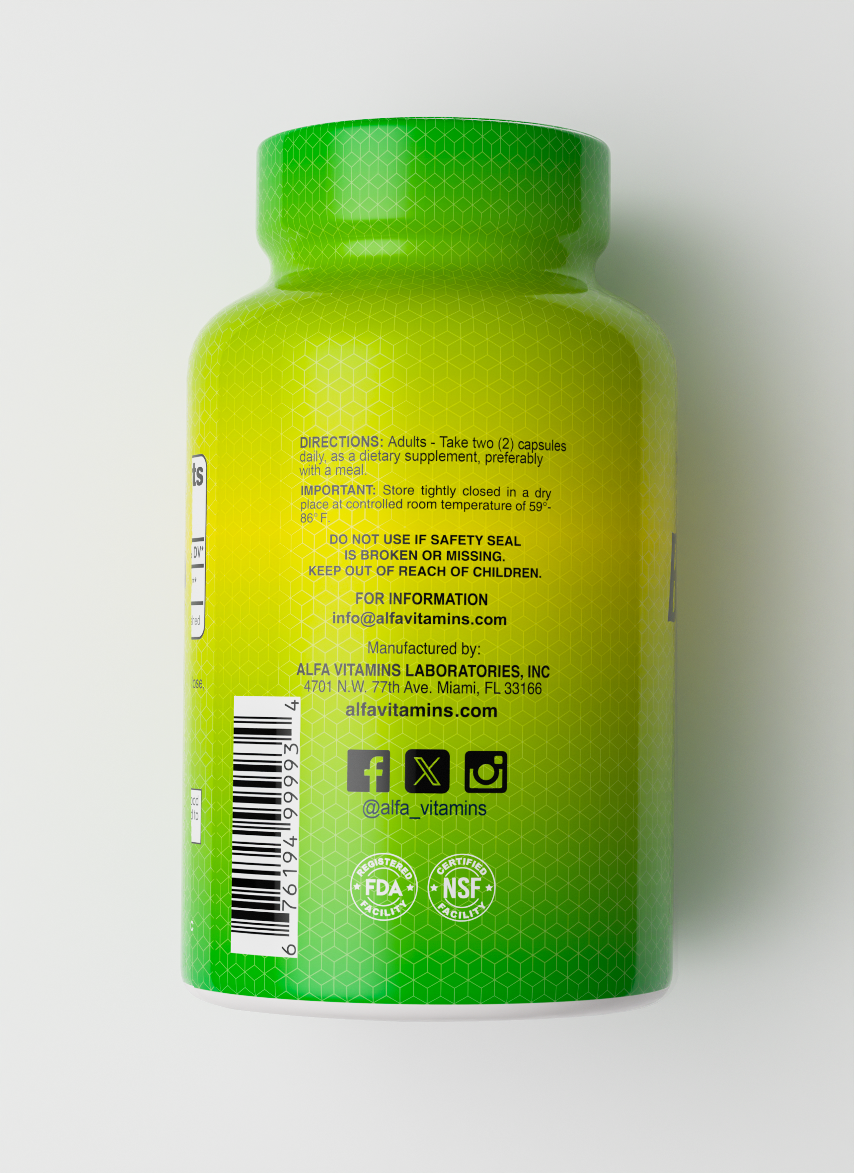 A green and yellow Berberine 1200 mg – 60 Capsules bottle by Alfa Vitamins Store features blood sugar support labeling, directions, warnings, contact info, social media icons, plus FDA and NSF logos for quality and metabolic health.