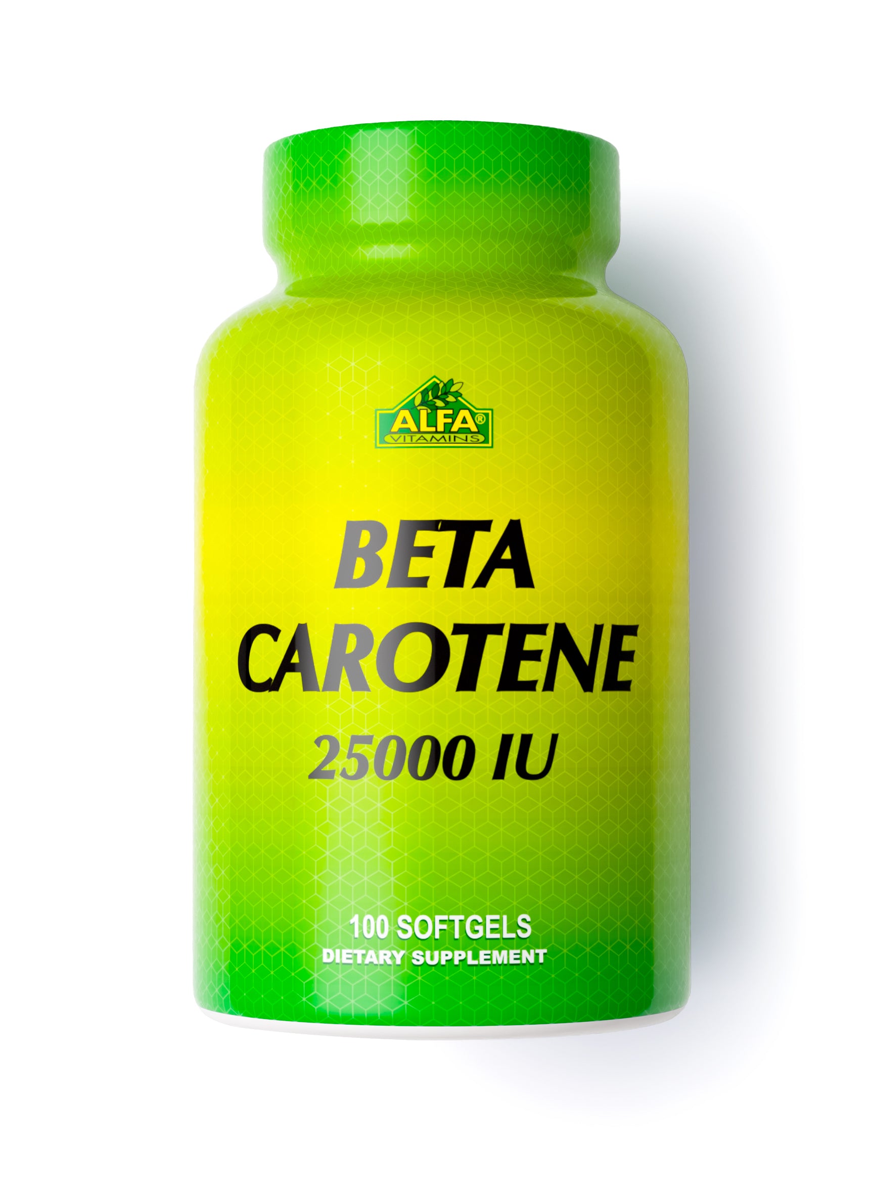 A vibrant green bottle with a yellow gradient label showcases Alfa Vitamins Beta Carotene 25,000 IU, offering 100 Vitamin A-rich softgels as a dietary supplement.