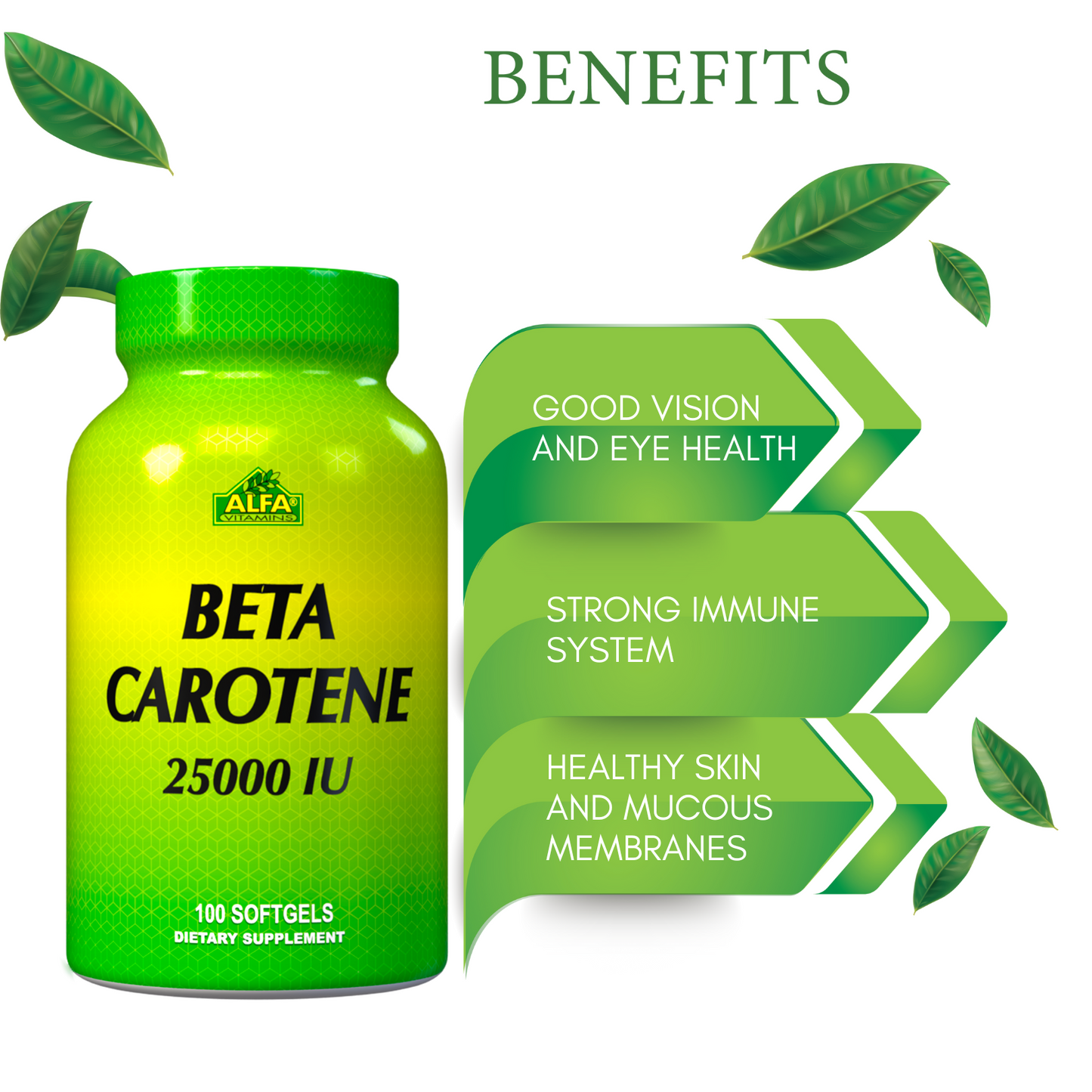 A green bottle labeled Beta Carotene 25,000 IU - 100 softgels from Alfa Vitamins is surrounded by leaves. Arrows highlight the benefits: Good Vision and Eye Health, Strong Immune System, and Healthy Skin and Mucous Membranes.