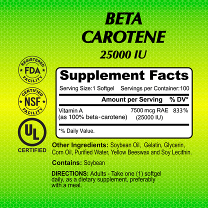 Alfa Vitamins Beta Carotene 25,000 IU - 100 softgels supports the immune system. Certified by FDA, NSF, UL, it lists supplement facts with daily values and ingredients such as soybean oil. Dosage instructions recommend one softgel daily.