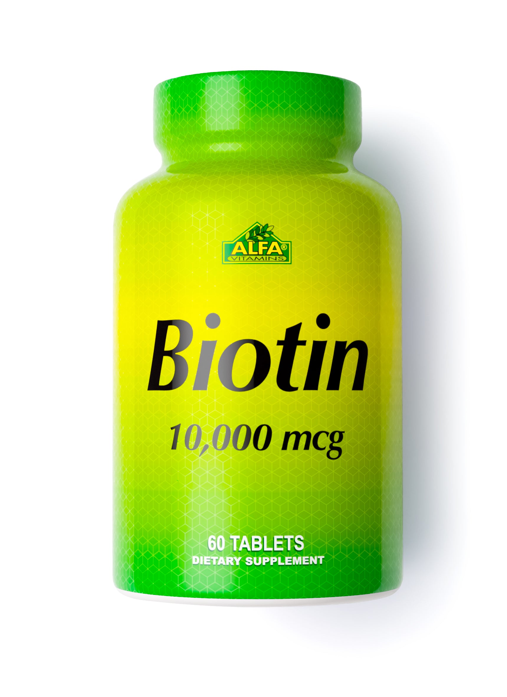 A green and yellow bottle labeled Biotin 10,000 mcg - 60 tablets from Alfa Vitamins promotes enhanced hair growth and nail strengthening as a dietary supplement.