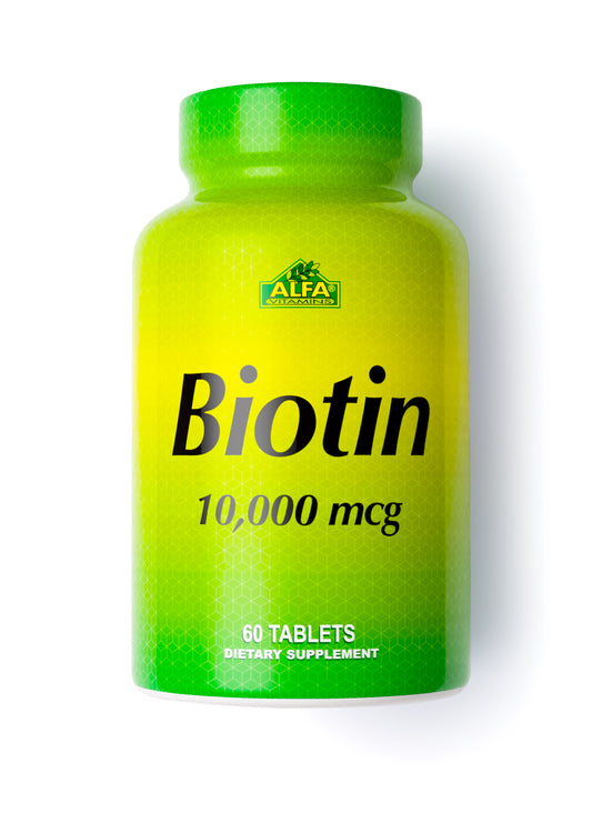 A green and yellow bottle labeled Biotin 10,000 mcg - 60 tablets from Alfa Vitamins promotes enhanced hair growth and nail strengthening as a dietary supplement.