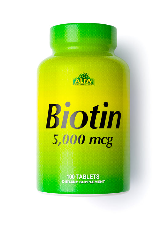 A green and yellow bottle labeled Biotin 5000 mcg by Alfa Vitamins is displayed, promising to improve hair growth and nail strength, containing 100 tablets as a dietary supplement.