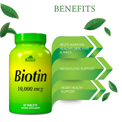 A green and yellow Alfa Vitamins Biotin 10,000 mcg bottle with 60 tablets is displayed. Three arrows highlight benefits: hair growth support, nail strengthening, skin maintenance, weight loss support, and heart health. Green leaves enhance the design.