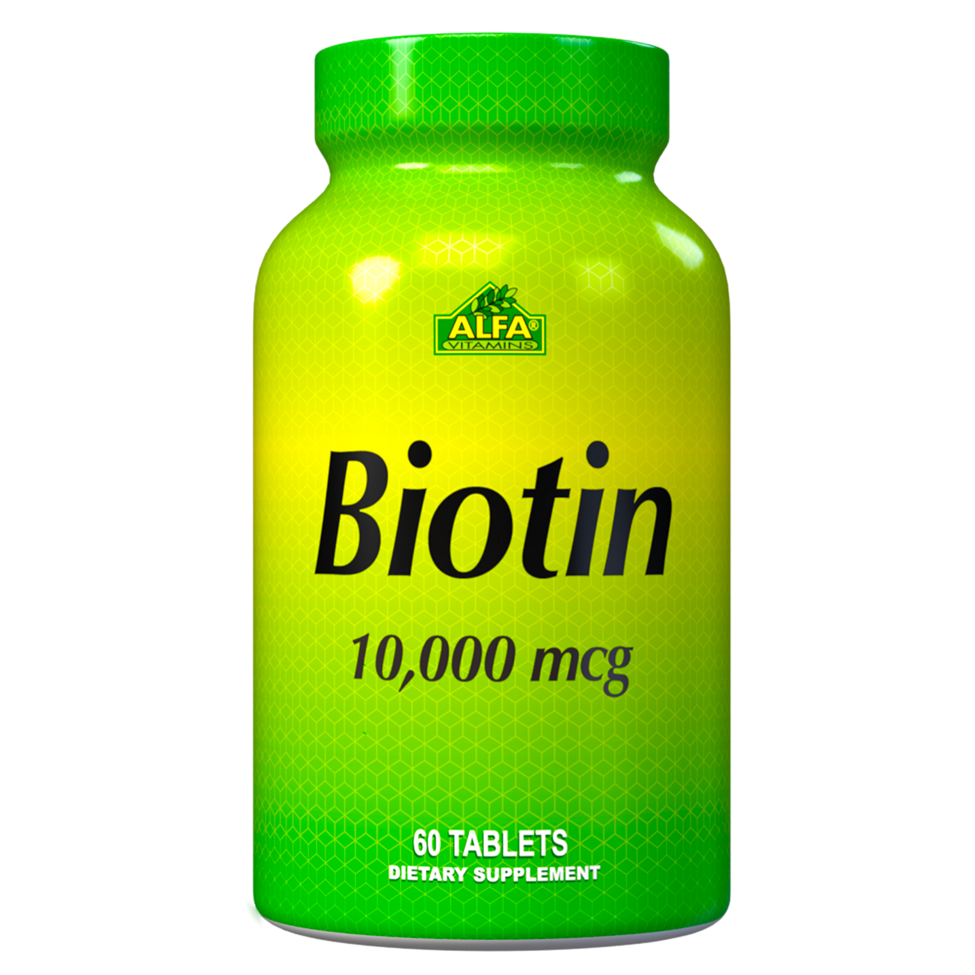 A bottle of Alfa Vitamins Biotin supplement in green and yellow, containing 60 tablets of 10,000 mcg each, promotes hair growth and nail strengthening.