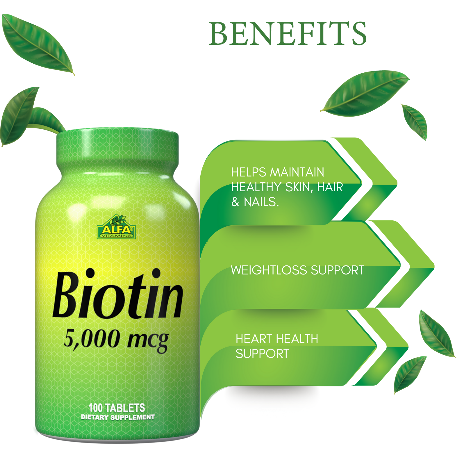 A green bottle of Alfa Vitamins Biotin 5000 mcg, containing 100 tablets, highlighted for benefits like hair growth support, healthy skin and nails maintenance, weight loss aid, and heart health. Leaf motifs enhance the design.