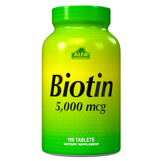 The dietary supplement Alfa Vitamins Biotin 5000 mcg, with a gradient green and yellow bottle and hexagonal design, contains 100 tablets to support hair growth.