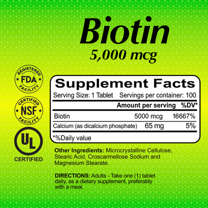 The green label of Alfa Vitamins Biotin 5000 mcg - 100 tablets highlights healthy skin and nails support, featuring FDA, NSF, and UL logos. Supplement facts: 5000 mcg Biotin, 65 mg Calcium. Directions: take one tablet daily with a meal. Additional ingredients included.