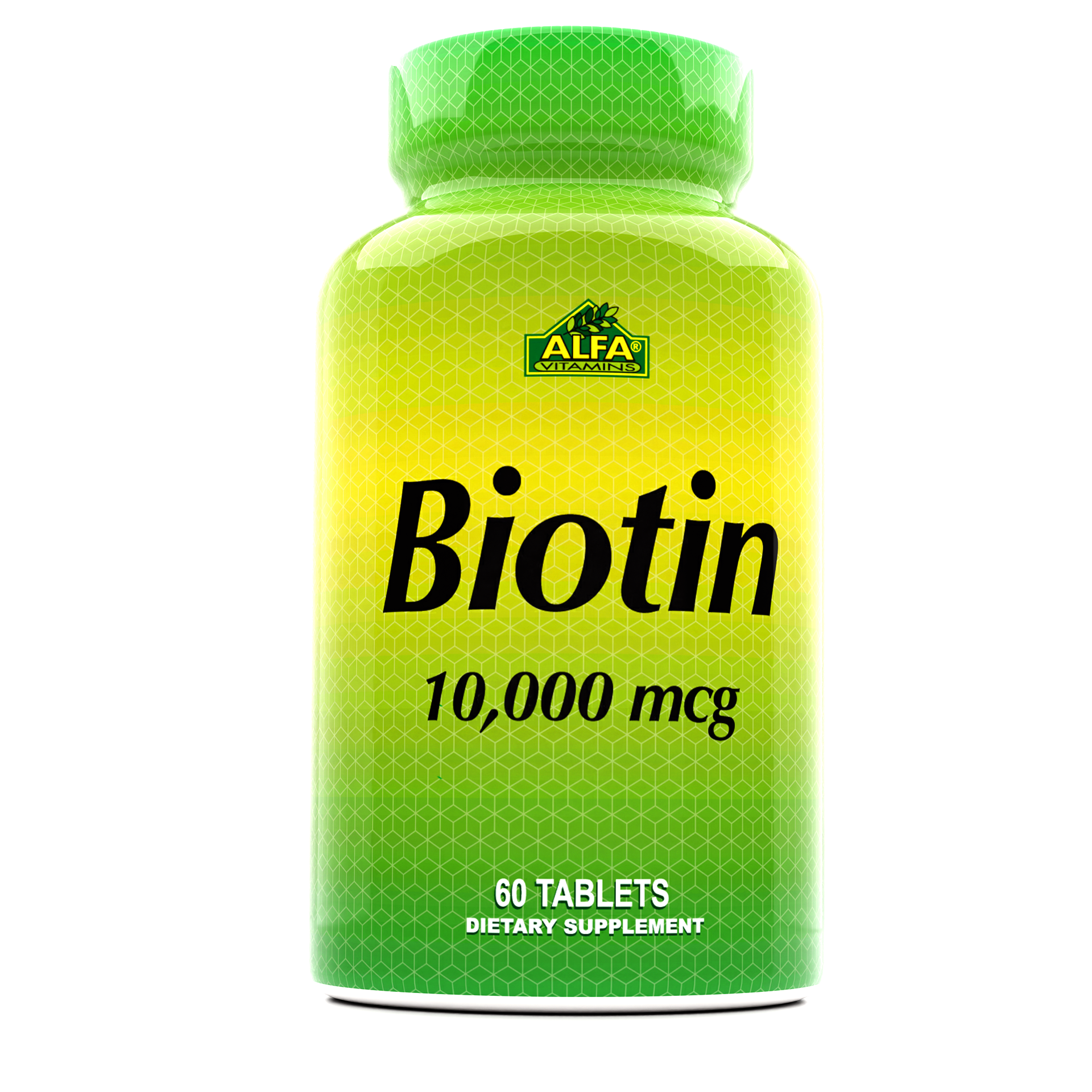 A bottle of Alfa Vitamins Biotin supplement in green and yellow, containing 60 tablets of 10,000 mcg each, promotes hair growth and nail strengthening.