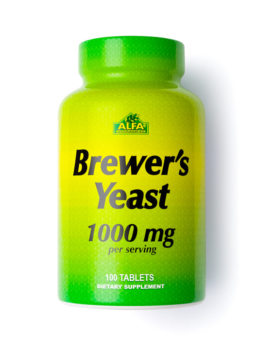 A green and yellow Alfa Vitamins bottle labeled Brewers Yeast 100mg - 100 Tablets is a dietary supplement packed with B vitamins to support your immune system.