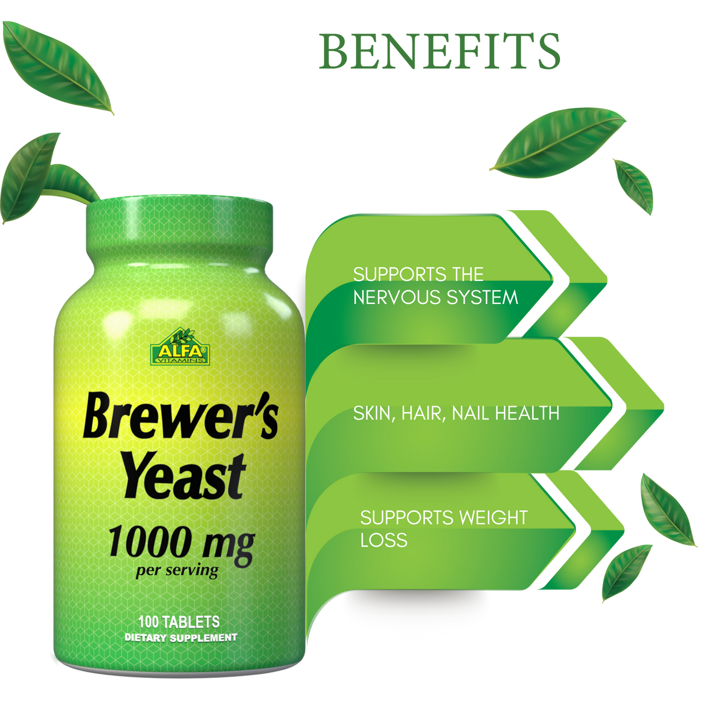 The image shows a green bottle labeled Brewers Yeast 100mg - 100 Tablets from Alfa Vitamins, highlighting benefits for the nervous system, skin, hair, nails, and weight management. Enriched with B vitamins for immune support, its decorated with green arrows and leaves.