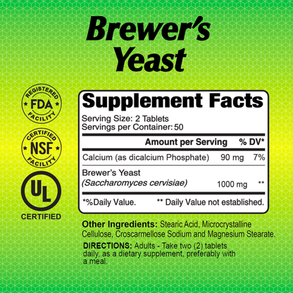 Alfa Vitamins Brewers Yeast 100mg label now emphasizes its B vitamin content and FDA, NSF, and UL certifications. It lists supplement facts like calcium and yeast amounts, plus adult dosage directions and additional ingredients for immune support.