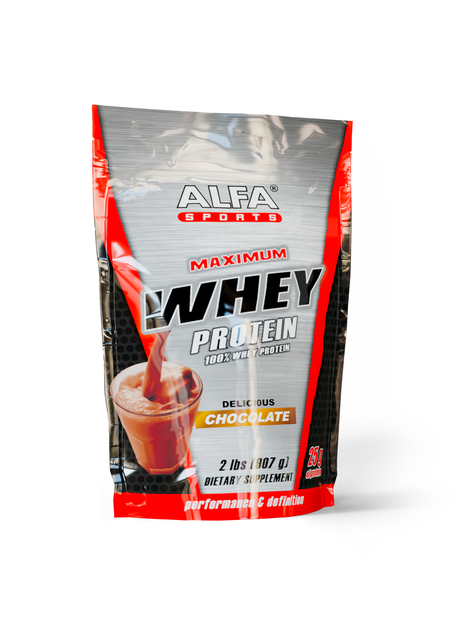 A 2 lb silver and red bag of Alfa Vitamins Maximum Whey Protein Powder (Chocolate) features a chocolate drink being poured, offering a rich whey protein source and essential amino acids to support muscle growth.