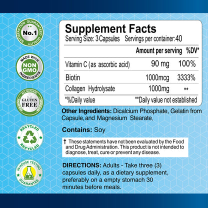 Supplement Facts for CollagenC Hydrolysate - Biotin by Alfa Vitamins Store: contains Vitamin C, Biotin, and Collagen. Features logos for quality assurance, non-GMO, gluten-free, recyclable, and soy-inclusive. Adults: take three capsules daily.