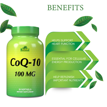 A green bottle labeled CoQ-10 100 mg - 30 softgels by Alfa Vitamins Store is surrounded by leaves. Arrows highlight that it supports heart function, aids cellular energy production, replenishes nutrients, and enhances antioxidant function.