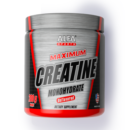 A 200g jar of Alfa Vitamins Maximum Creatine powder formula, unflavored, features a red, black, and silver label with a small USA flag showing this premium fitness supplement is made in the USA.