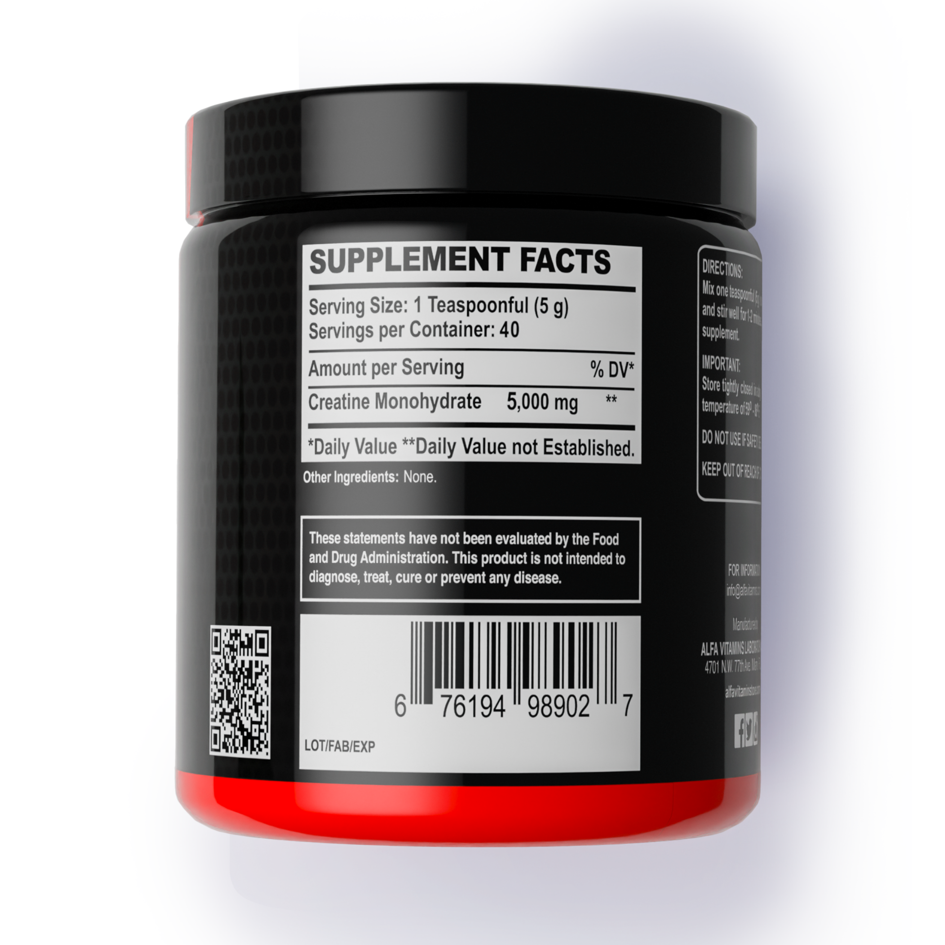 A close-up of Alfa Vitamins Maximum Creatine powder formula 200g Jar shows 5,000 mg creatine monohydrate per 5g serving, delivering 40 servings per container. Both a QR code and barcode are visible on the supplement label.