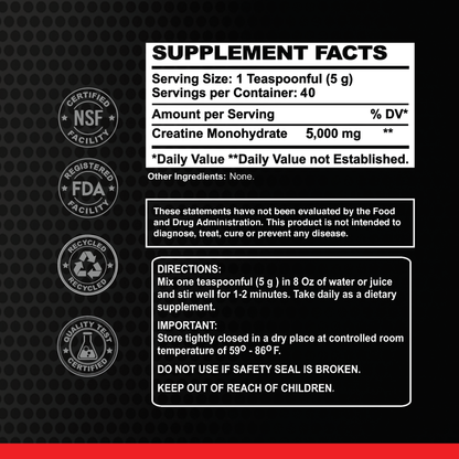 Alfa Vitamins Maximum Creatine Powder Formula, 200g jar. Supplement facts: 1 tsp (5g) per serving, 40 servings per container. Features directions, warnings, certifications, storage info. Black and red label design.