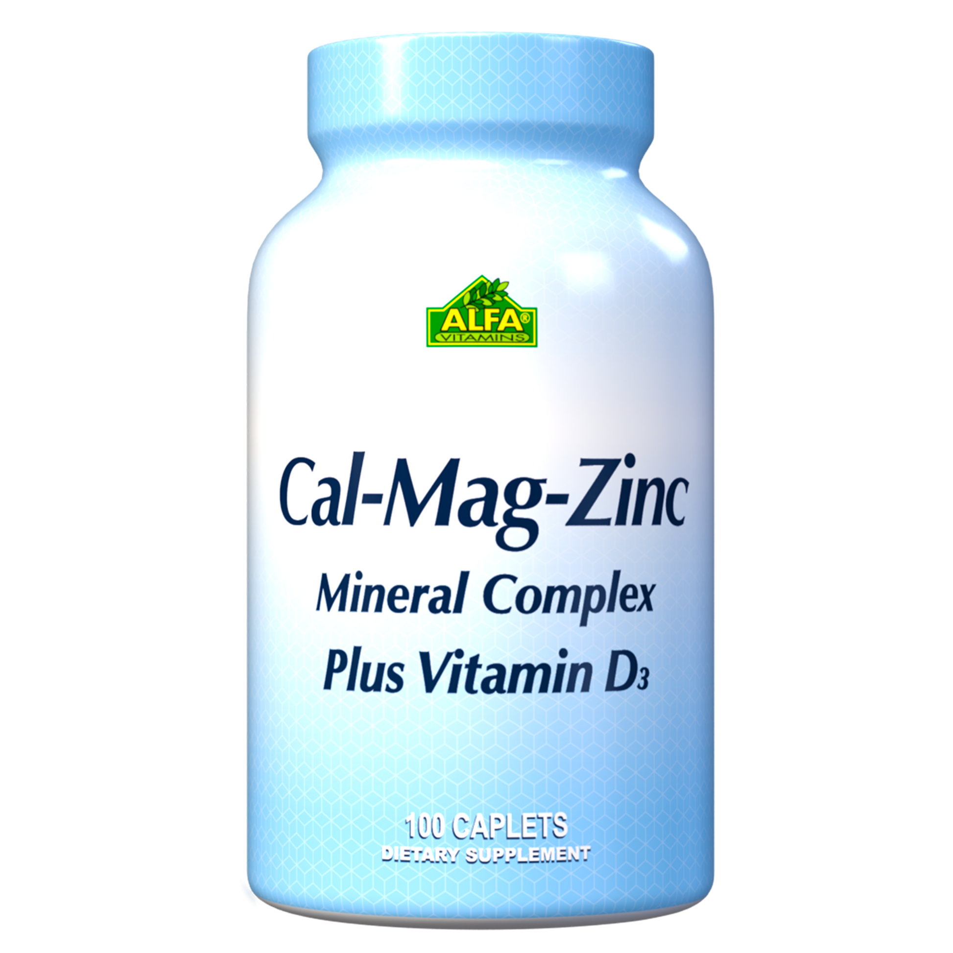 A bottle in blue and white labeled Calcium Magnesium Zinc Plus Vitamin D by Alfa Vitamins contains 100 caplets, formulated to support bone health.