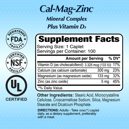 Discover Alfa Vitamins Calcium Magnesium Zinc Plus Vitamin D - 100 Caplets, a bone health supplement crafted in an FDA Registered Facility, and NSF and UL Certified. Contains calcium, magnesium, zinc with Vitamin D to support bone health.