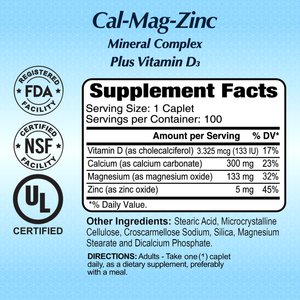 Calcium Magnesium Zinc Plus Vitamin D - 100 Caplets