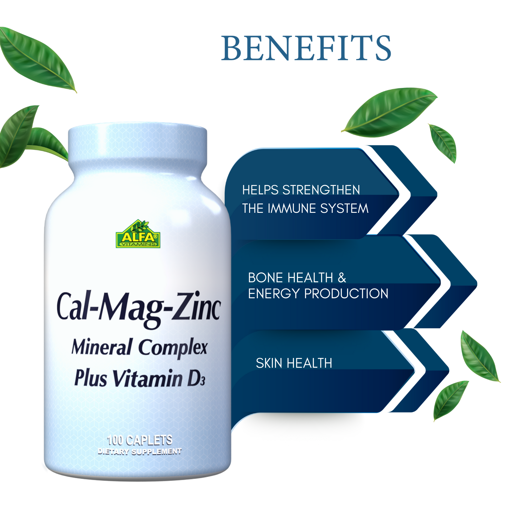 A bottle of Alfa Vitamins Calcium Magnesium Zinc Plus Vitamin D - 100 Caplets is displayed, surrounded by green leaves. It aids in boosting the immune system, enhancing bone health, energizing the body, and promoting skin wellness.