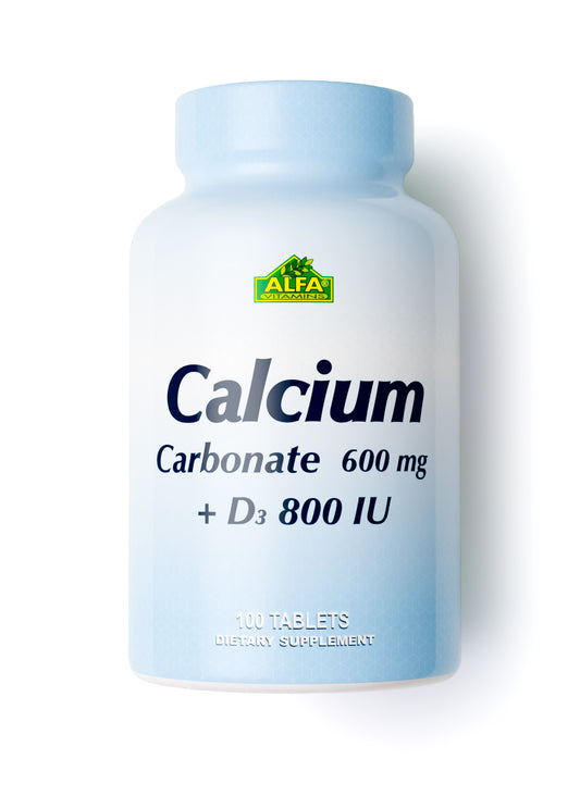 A white and light blue bottle labeled Calcium Carbonate 600 mg + Vitamin D features the Alfa logo. This dietary supplement, from Alfa Vitamins Store, contains 100 tablets and supports bone density with the power of Vitamin D.