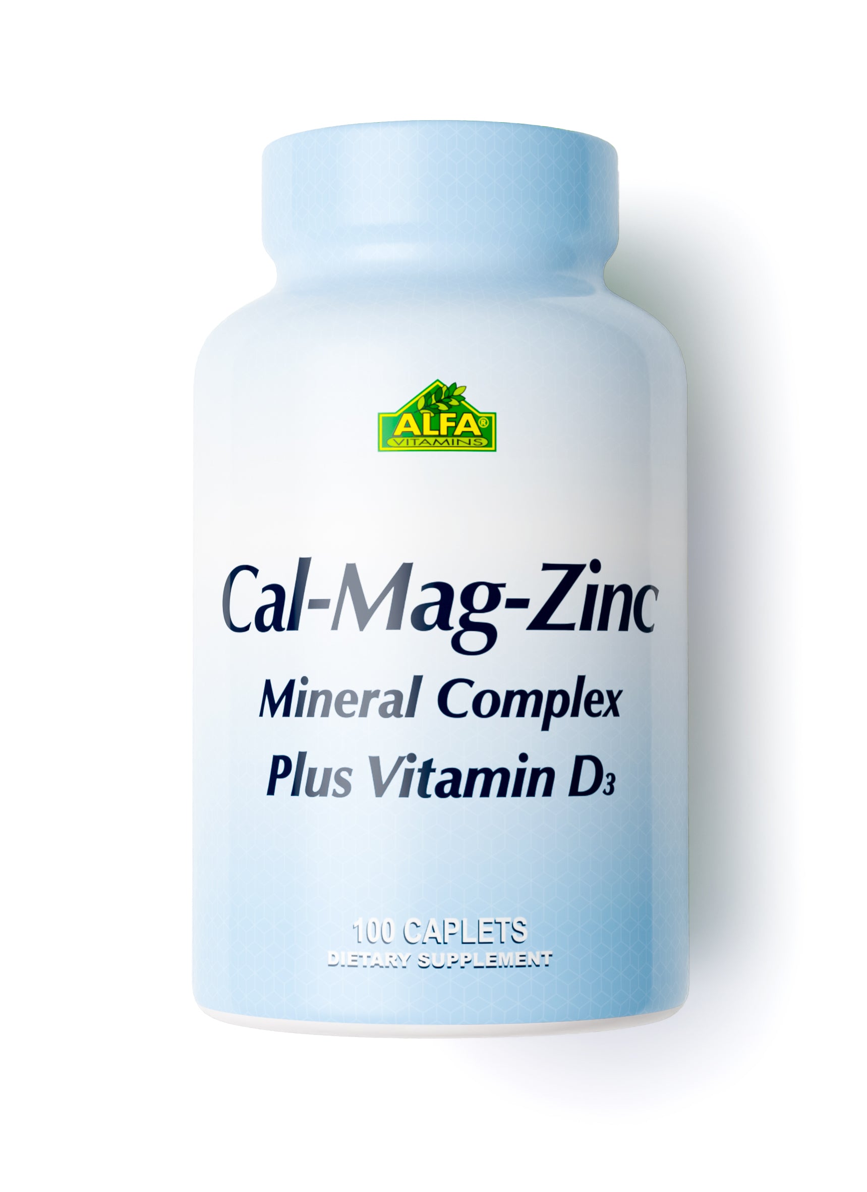 A blue bottle of Alfa Vitamins Calcium Magnesium Zinc Plus Vitamin D contains 100 caplets and supports bone health, providing a comprehensive supplement to meet your dietary needs.